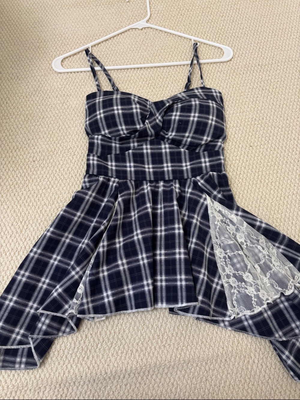 Navy Plaid Lace Inset Spaghetti Strap Dress